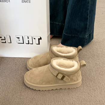 Thick-Soled Birkenstock-Style Leather and Fur Integrated Snow Boots for Women, Winter 2025 New Style, Fleece-Lined Cotton Boots, Northeast Large Cotton Shoes, Size 34