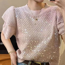 Plus size womens clothing for fat mm 2024 summer new style lace sequins slimming belly-covering short-sleeved T-shirt European small shirt top
