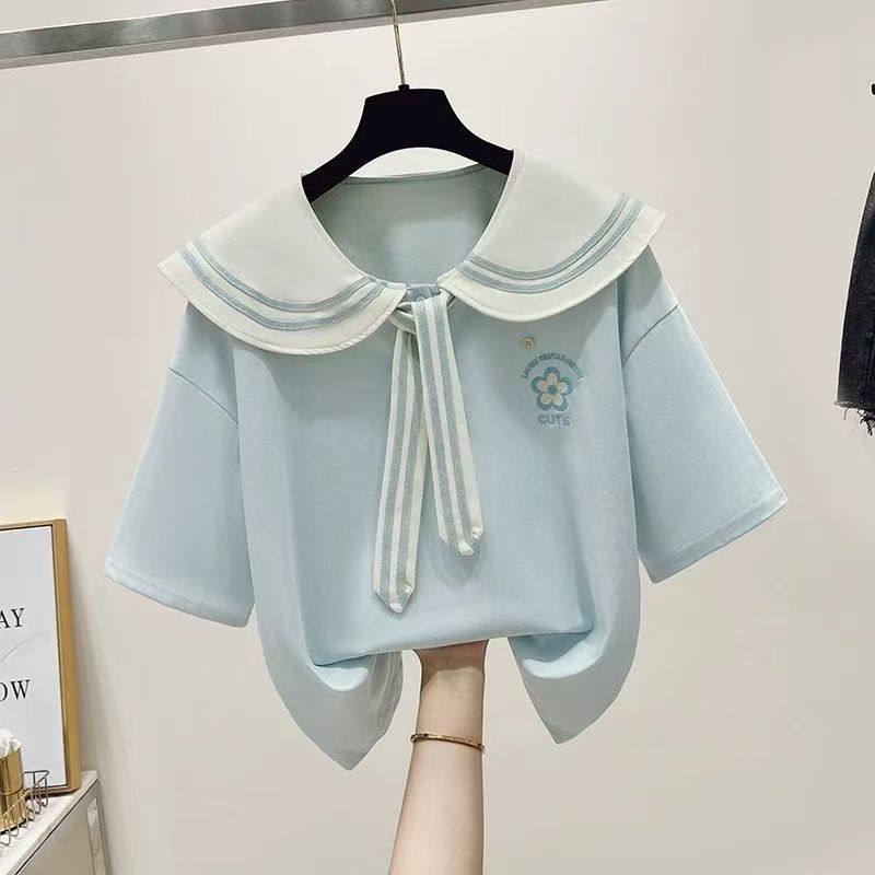 女の子用 2025年夏新作 半袖Tシャツ、セーラーカラー、キュート、中・大サイズ、子供用スクールスタイル、ゆったりフィット、万能でトレンディ