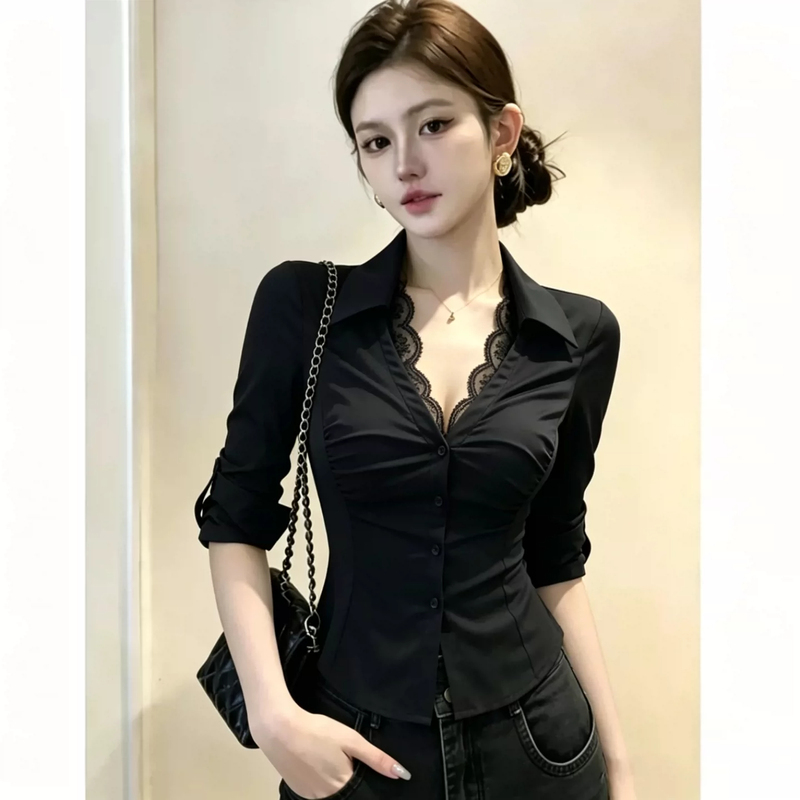 Lace Patchwork Shirt for Women, Spring and Autumn, Professional, High-End, Sexy V-Neck Blouse, French Style, Slim-Fit, Waist-Cinching Top Lace Patchwork Shirt for Women, Spring and Autumn, Professional, High-End, Sexy V-Neck Blouse, French Style, Slim-Fit, Waist-Cinching Top