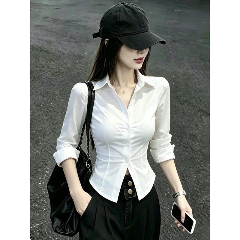 Elegant Mature Style Tight-Fitting White Shirt for Women, Early Autumn Trendy and Age-Reducing Long-Sleeve Waist-Cinching Shirt, Versatile Commuter Top Elegant Mature Style Tight-Fitting White Shirt for Women, Early Autumn Trendy and Age-Reducing Long-Sleeve Waist-Cinching Shirt, Versatile Commuter Top