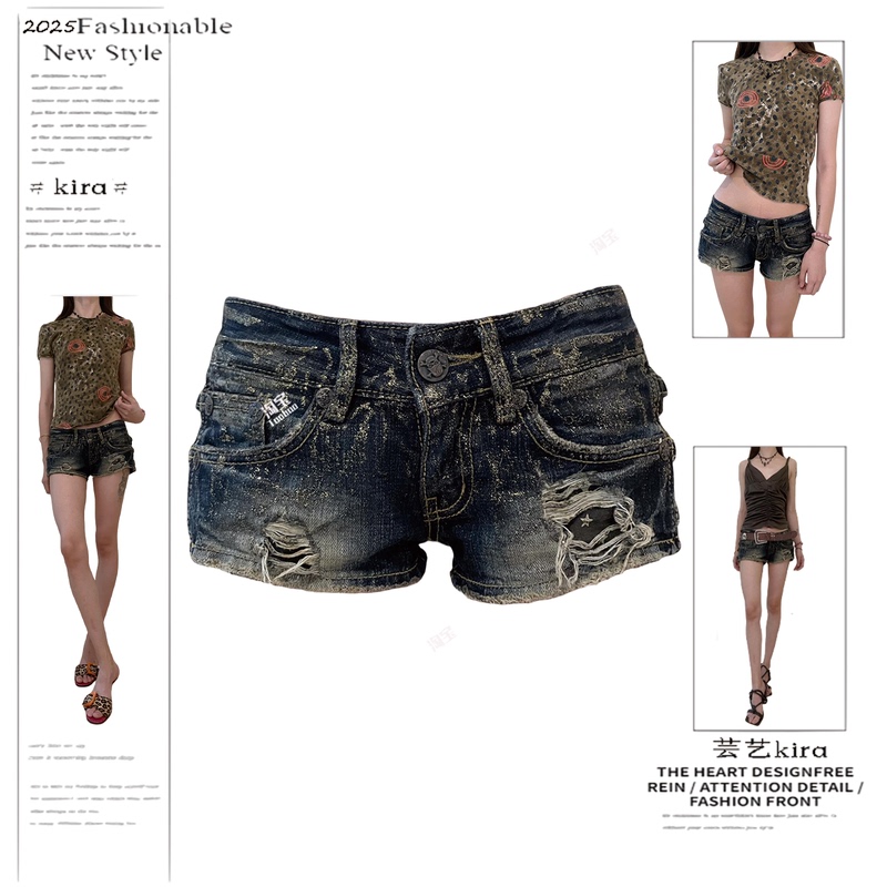European and American Street Style Hot Girl Low-Waist Gold-Stamped Ripped Denim Ultra-Short Shorts for Women, New Summer Sexy Tight-Fitting Hip-Hugging Hot Pants European and American Street Style Hot Girl Low-Waist Gold-Stamped Ripped Denim Ultra-Short Shorts for Women, New Summer Sexy Tight-Fitting Hip-Hugging Hot Pants
