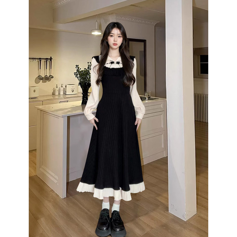 French-style elegant, high-end, fitted waist faux two-piece dress for autumn, retro Korean style, slimming Hepburn-inspired long dress