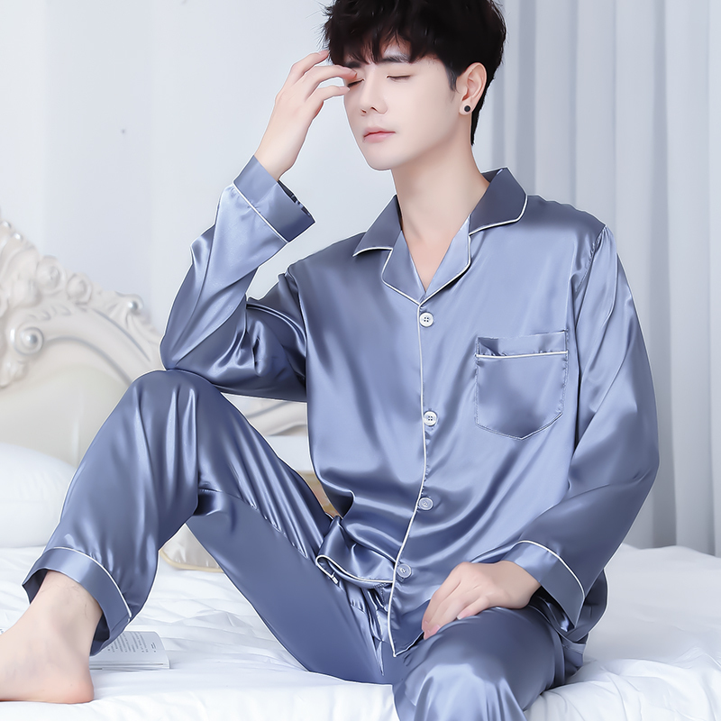 Men's Pajamas Autumn and Winter Thin Large Size Long-Sleeved Two-Piece Silk Suit Youth Silk Summer New Style Home Wear