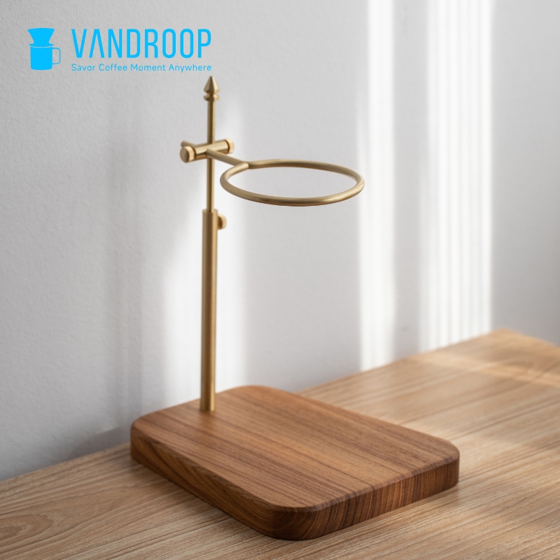 VANDROOP ハンドメイドコーヒーフィルターホルダー ウォールナットベース 真鍮製 レトロ 調節可能 ドリップフィルター カップホルダー