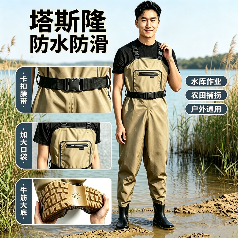 Waterproof Pants, Lower Body Wading Pants, Puncture-Resistant, Men's Nylon, Water Pressure Resistant, Extra Thick, Full-Body and Half-Body Waterproof Pants