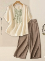 Летняя одежда, нарукавники для матери, комплект, модные штаны, большой размер, из хлопка и льна, короткий рукав
