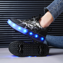 High-end childrens heelys shoes youth roller skates double-wheel charging light skates flying pulleys sports wheel shoes