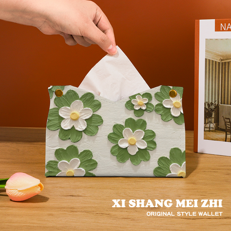 Leather Tissue Box with Oil Painting Floral Design, Light Luxury Style, Storage for Dining Room, High-End Feel for Living Room, Office Desk Decoration, Tissue Holder