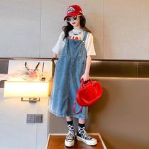 Girls Denim Suspender Skirt 2024 Summer New Korean Style Dress Fashionable Girls Fashion Skirt Suit Summer