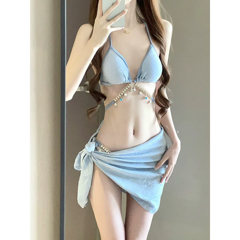 Женский купальник (Sexy Belt) европейский стиль, азурный, 2- или 3‑предметный с декоративным поясом
