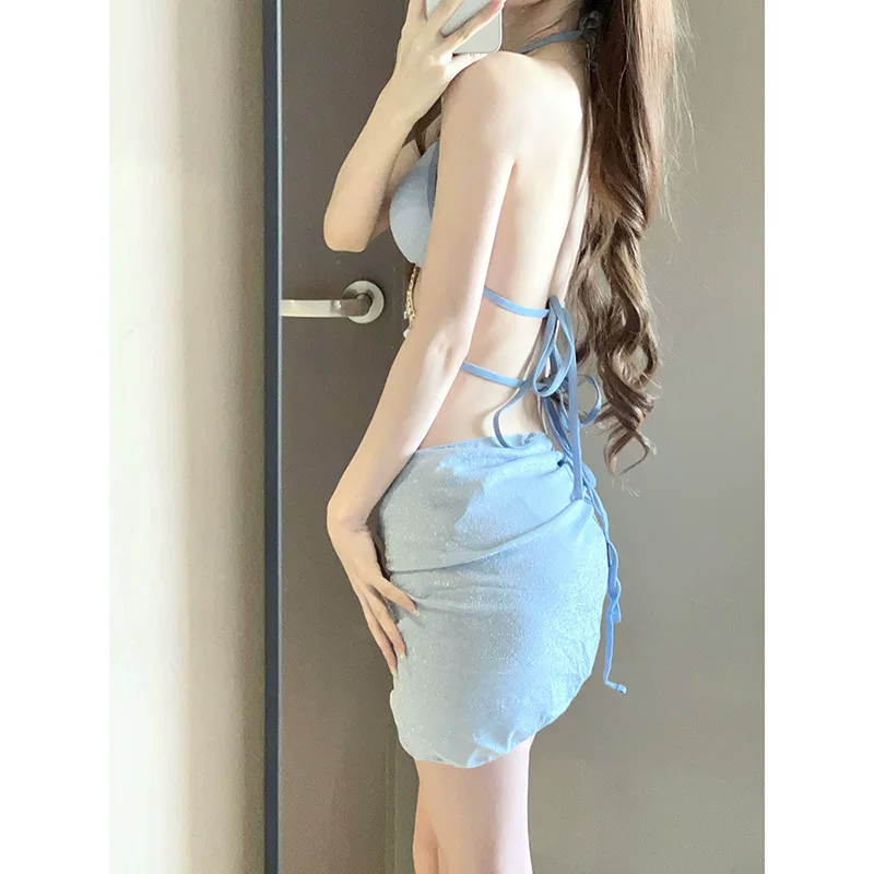 Женский купальник (Sexy Belt) европейский стиль, азурный, 2- или 3‑предметный с декоративным поясом