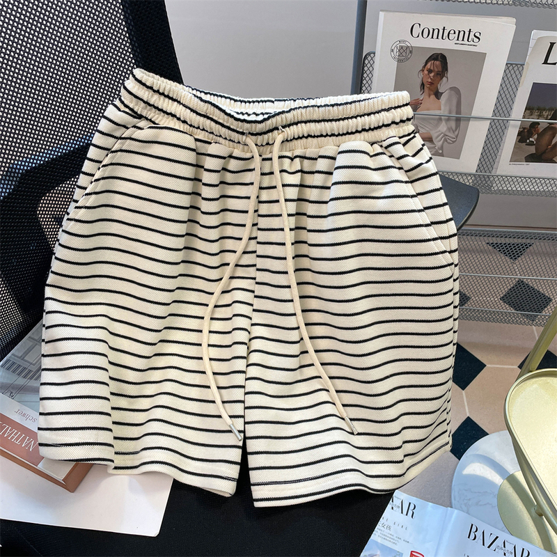 American-Style Hot and Versatile Striped Casual Shorts for Women, Suitable for Summer, Home Wear, Outdoor Wear, Sports, Loose Fit, Wide-Leg, Drawstring, Knee-Length Shorts