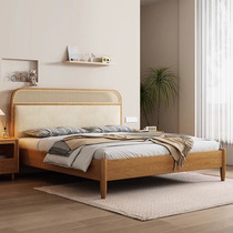 Nordic rattan solid wood bed 1 8 meters soft-covered ash double bed Japanese style wabi-sabi style small apartment 1 5 meters Hezhi
