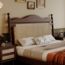 Rattan solid wood bed with rope for master bedroom 1 8m double bed modern minimalist wabi-sabi style French retro B&B home
