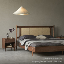 American style all solid wood large bed simple modern high-end rattan walnut wood bedroom wedding bed solid wood double retro large bed