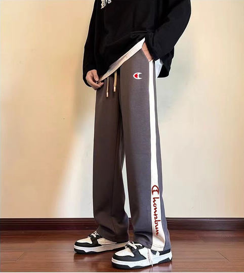 Selling Cute Championship Pure Cotton Casual Sweatpants Wide-Leg Pants for Women in Autumn and Winter Loose Color-Blocked Loose High-Waisted Velvet Sweatpants Pants