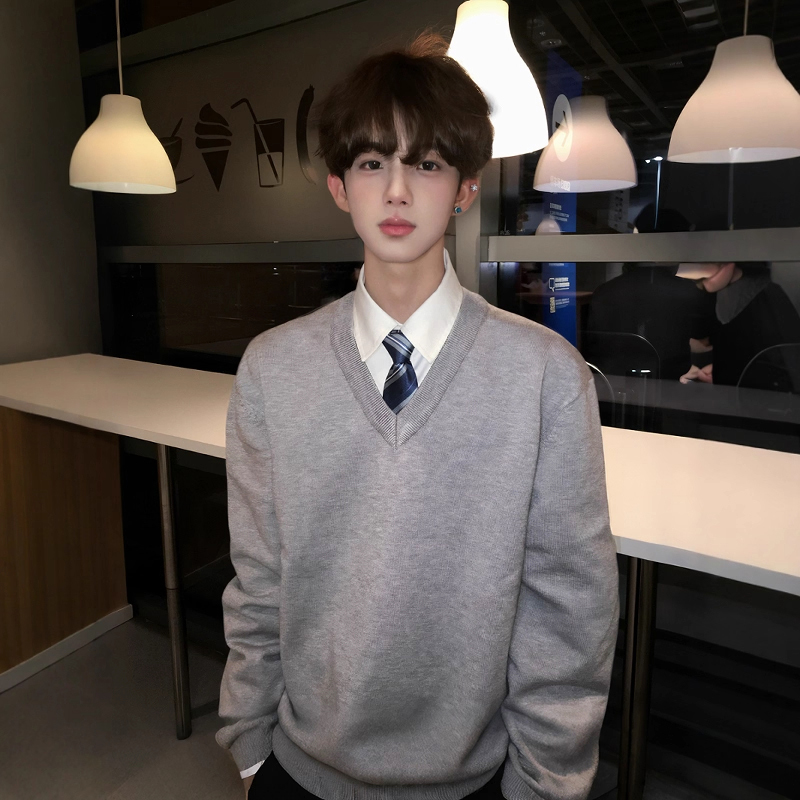 【Beichuanze】Dkjk Uniform Unisex Light Gray College Style Long-Sleeve Sweater V-Neck Pullover Pure Cotton Knitwear
