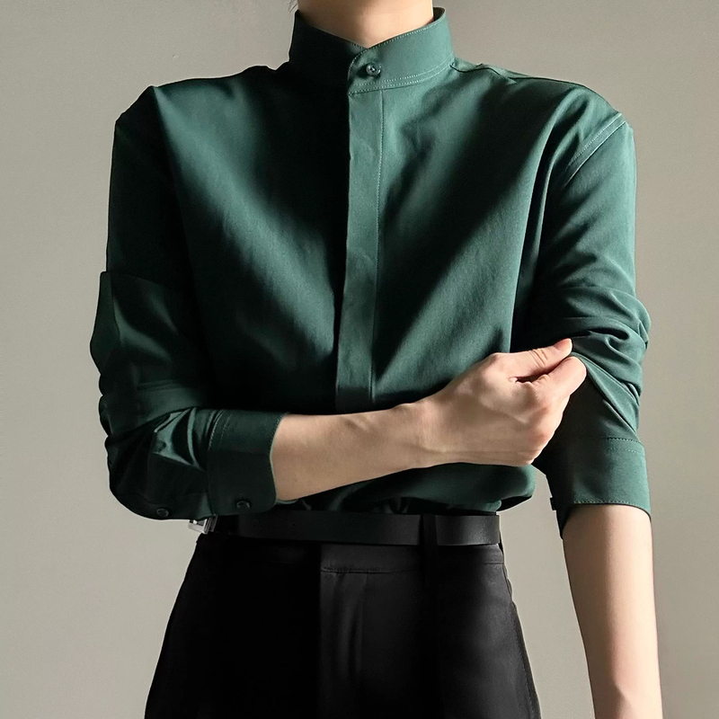 Dkjk Green Shirt, Cool and Stylish, Solid Color, Stand-Up Collar, Long Sleeves, High-End Feel, Casual Inner Wear, Japanese Style Top, Simple and Trendy for All Seasons Dkjk Green Shirt, Cool and Stylish, Solid Color, Stand-Up Collar, Long Sleeves, High-End Feel, Casual Inner Wear, Japanese Style Top, Simple and Trendy for All Seasons
