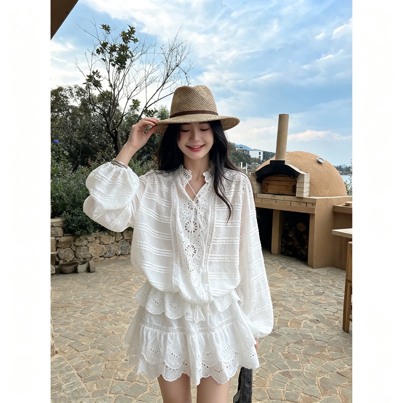 Southern French Old Money Style Tencel Linen Embroidered Lace Shirt and Cake Skirt Set for Women, New Summer Niche Two-Piece Set
