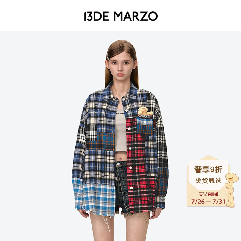 [Celebrity Style] 13De Marzo Bear-Themed Plaid Patchwork Long Sleeve Shirt Color-Block Loose Jacket