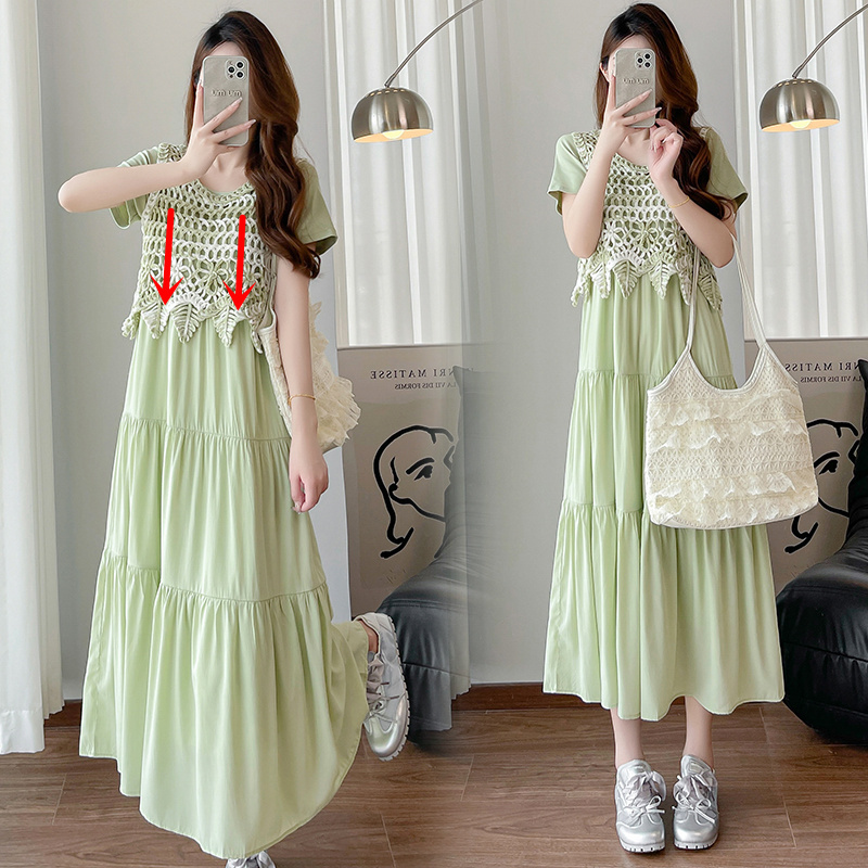 Nursing Outfit Summer Dress Artistic Hollow Mesh Slimming Breastfeeding Clothes Postpartum Breast Milk Dress Top Summer