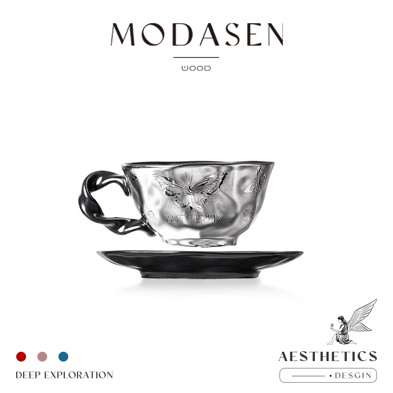 Modasen丨Silver Butterfly Post Creative Electroplated Ceramic Coffee Cup and Saucer Light Luxury Silver Afternoon Tea Cup Flower Tea Cup
