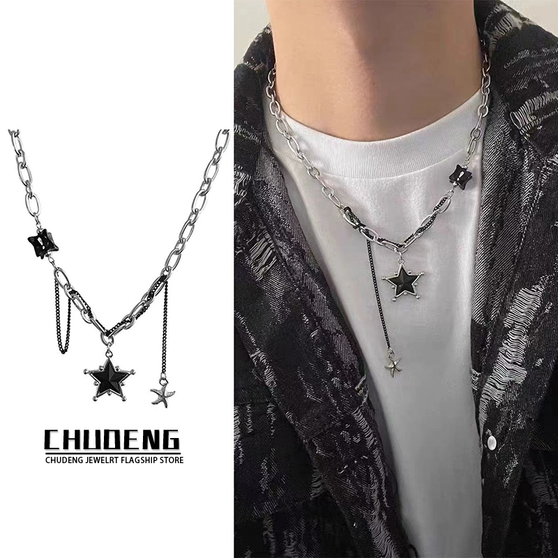 Black Star Patchwork Necklace for Men and Women, Simple and Versatile Hip-Hop Clavicle Chain, Niche Design, High-End Trendy Accessory