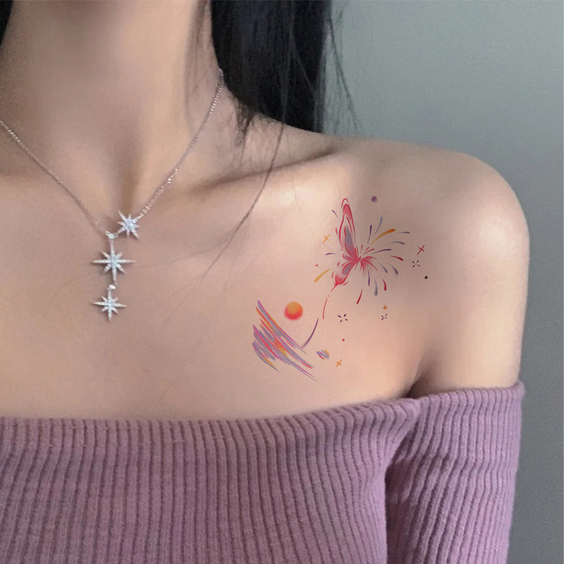 Watercolor Smudged Fireworks Butterfly Gentle Collarbone Shoulder Arm Fresh Sweet Girl Colorful Tattoo Stickers Waterproof