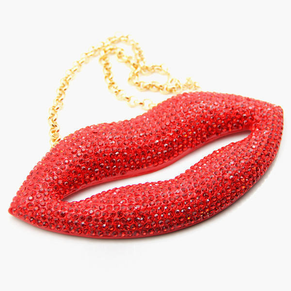 New European and American Style Oversized Sexy Red Lip Jewelry, Popular for Chinese Valentine's Day, Rhinestone Real Gold Electroplating, Non-Fading Sweater Chain