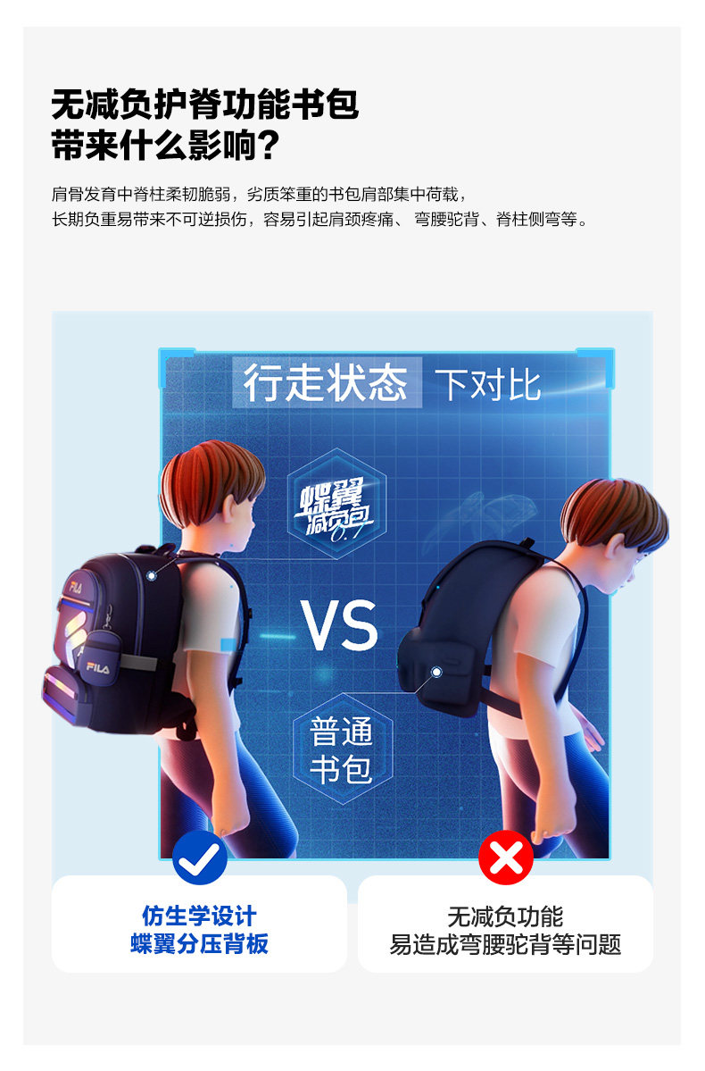 Ранец fila斐乐儿童书包2025年秋季新款男女中大童蝶翼一到六年级双肩包