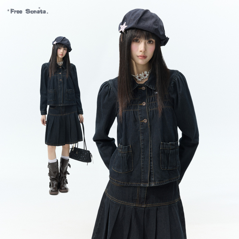 Free Sonata Retro Design Embroidered Doll Collar Denim Jacket for Women Korean Style Puff Sleeve Distressed Jacket