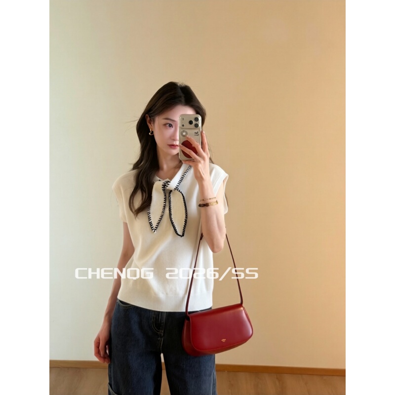 Chen Qian Guan/Ss Korean Style V-Neck Tie-Up Half-Button Knit Vest 2026 Summer New Knit Vest Top Chen Qian Guan/Ss Korean Style V-Neck Tie-Up Half-Button Knit Vest 2026 Summer New Knit Vest Top