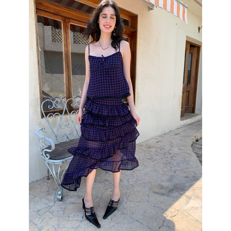 Bel Canto Purple Retro Plaid Thin Strap Drawstring Camisole Top for Women, Asymmetrical Multi-Layered Skirt Bel Canto Purple Retro Plaid Thin Strap Drawstring Camisole Top for Women, Asymmetrical Multi-Layered Skirt