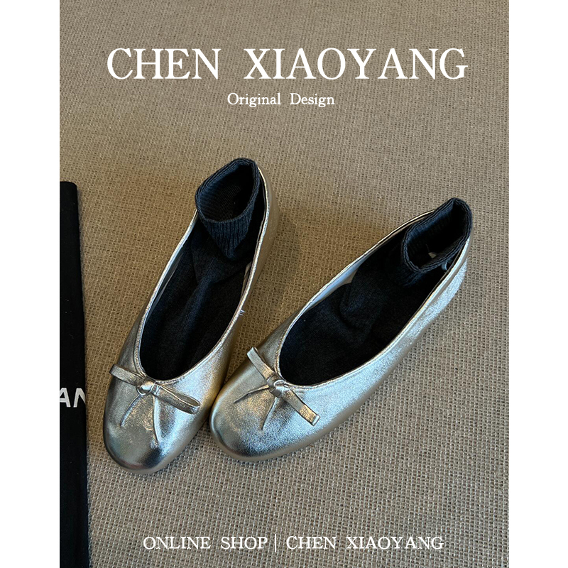 Genuine Leather Retro Gentle Style Bow Ballet Shoes French Silver Round Toe Flat Shallow Single Shoes Soft Sole Granny Shoes Genuine Leather Retro Gentle Style Bow Ballet Shoes French Silver Round Toe Flat Shallow Single Shoes Soft Sole Granny Shoes