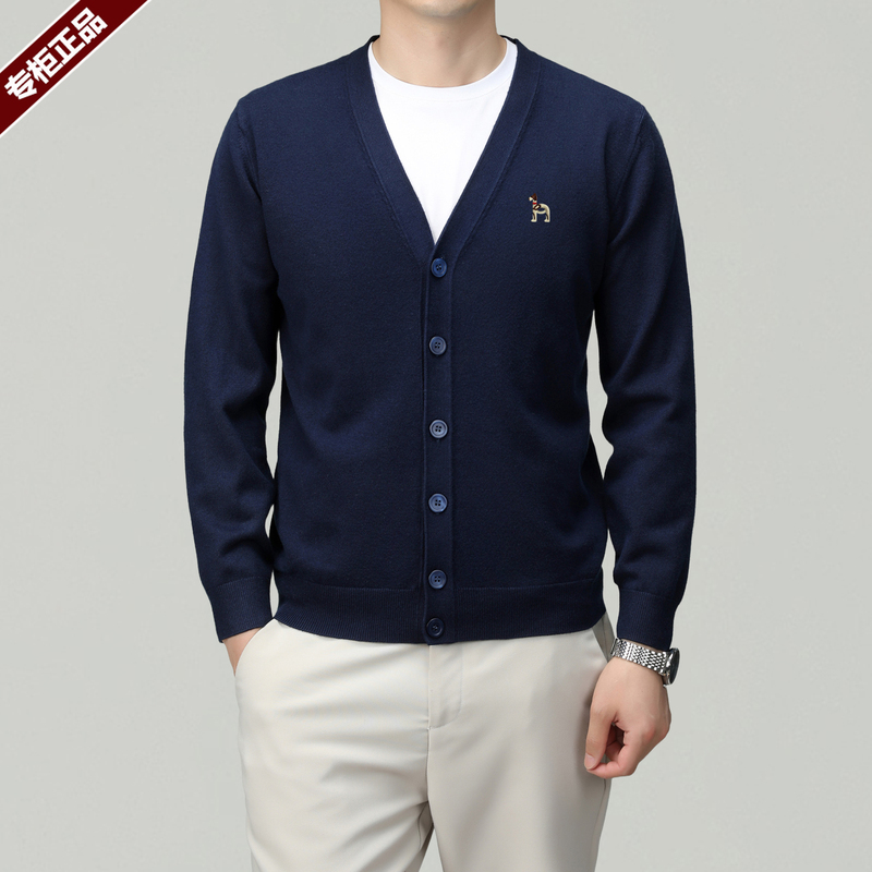 Rohajiskai 100% Wool Men's Cardigan Spring and Autumn Fashion Casual V-Neck Knitwear for Young and Middle-Aged Men