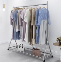 Stainless steel clothing store display rack double pole clothes hanger floor-standing side hanging rack display rack womens clothing bold shelf with wheels