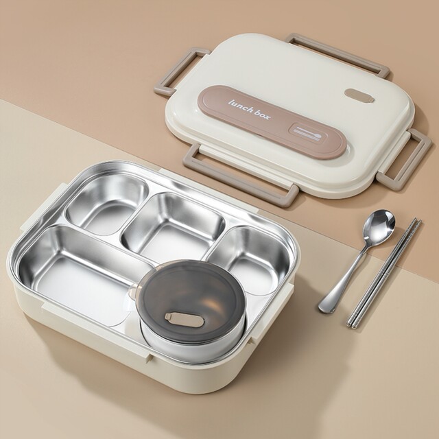 German Imported Large Five-Compartment Lunch Box with Lid and Soup Bowl, Work Lunch Box, Insulated 304 Stainless Steel Plate, Large Capacity