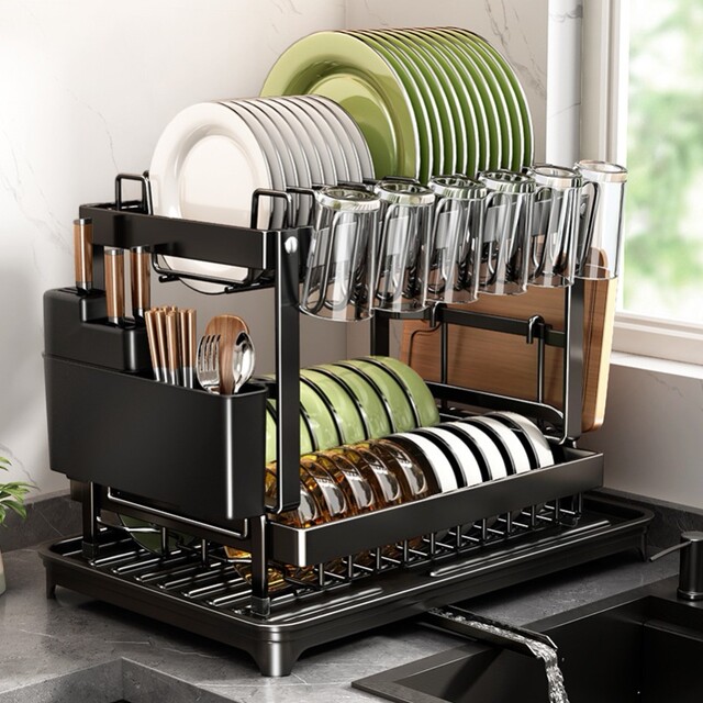 German Imported Kitchen Storage Rack, Multi-Functional Cup Holder, Double-Layer Dish Rack, Storage Shelf, Household Water-Draining Bowl and Plate Rack