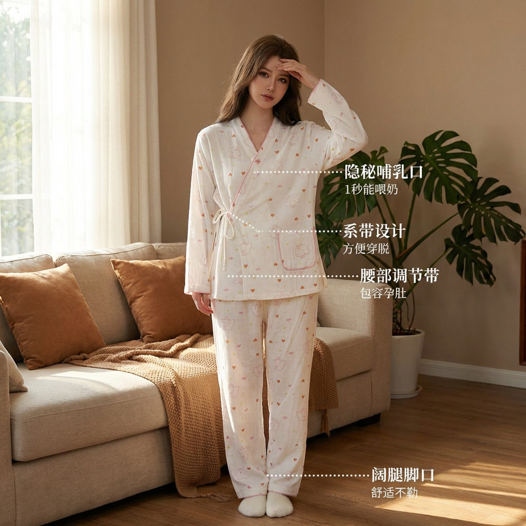 全棉进口新款纯棉纱布可爱泰迪月子服套装薄款孕妇产后哺乳睡衣套 — 13