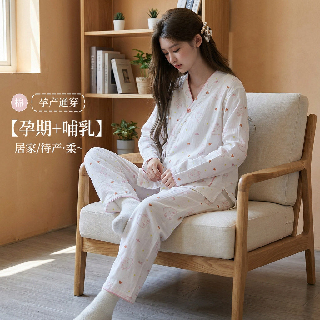 全棉进口新款纯棉纱布可爱泰迪月子服套装薄款孕妇产后哺乳睡衣套 — 14