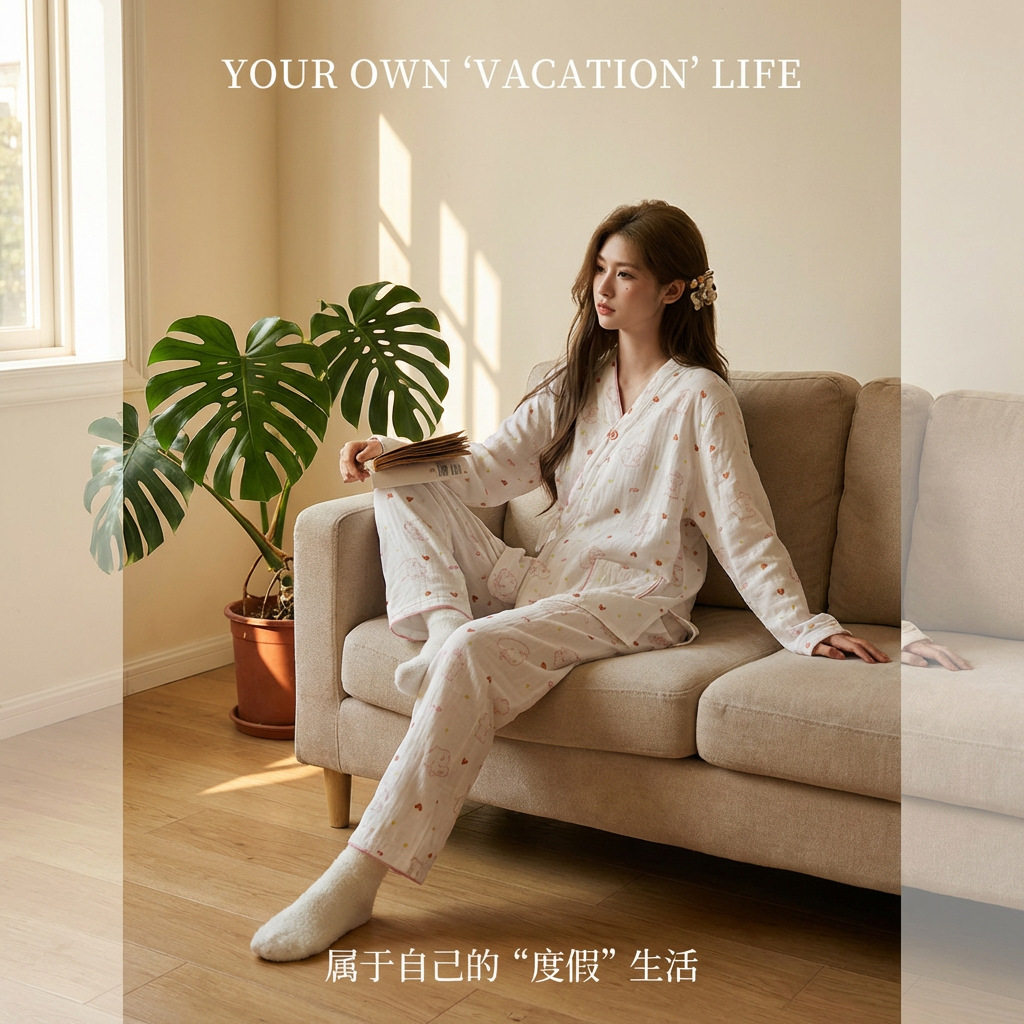 全棉进口新款纯棉纱布可爱泰迪月子服套装薄款孕妇产后哺乳睡衣套 — 12