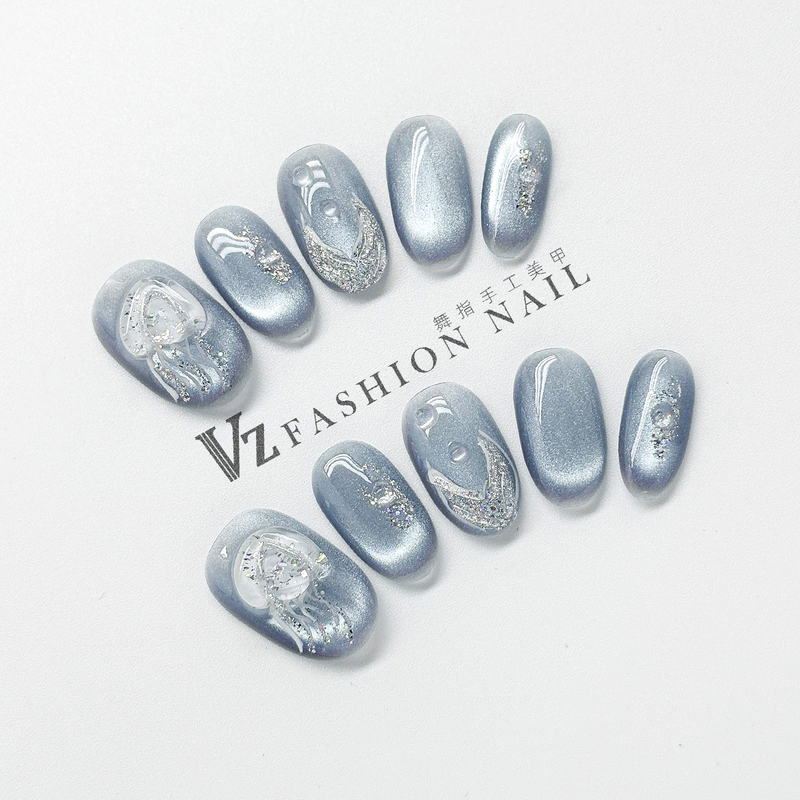 Purely Handmade Wearable Nails, New High-End Style, Ice-Clear Jelly-Like, Stunning Cat-Eye Effect, Brightening Nail Art, Fake Nail Patches