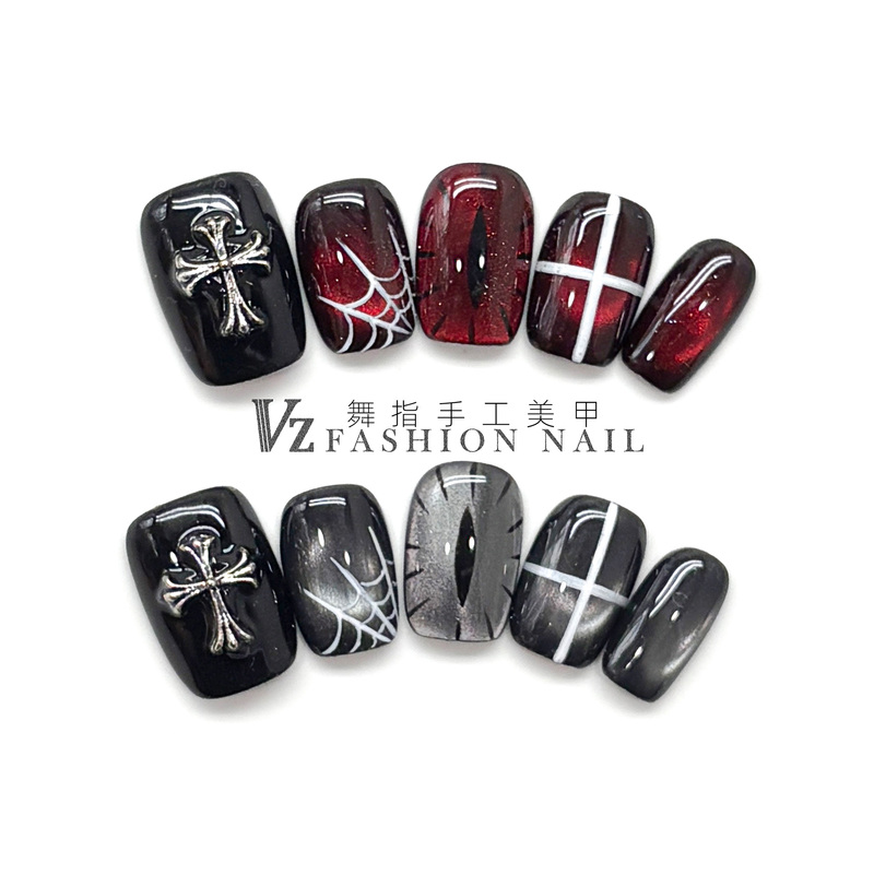 Y2K Dark Gothic Style Unisex Handmade Wearable Nails Cat Eye High-End Whitening Nail Patches Fake Nails Short Style