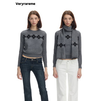 Veryrareme round neck diamond waisted sweater and scarf set