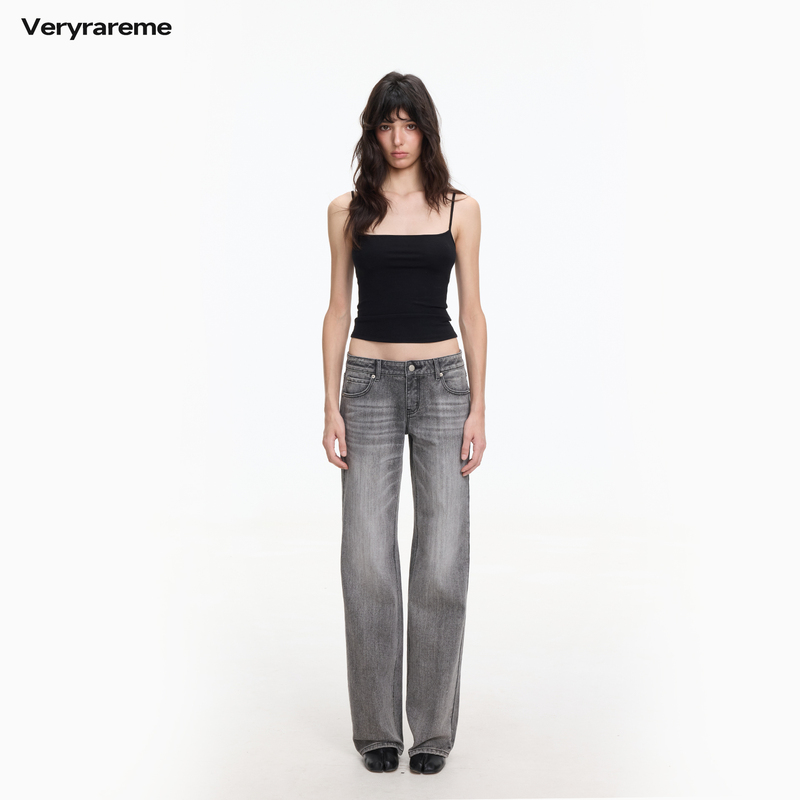 Veryrareme Low-Waisted Quartz Gray Slub Straight-Leg Jeans, Distressed Slimming Wide-Leg Pants Veryrareme Low-Waisted Quartz Gray Slub Straight-Leg Jeans, Distressed Slimming Wide-Leg Pants
