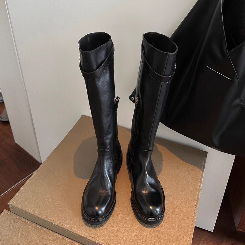 Washed Leather ~ Round-Toe Slimming Long Boots for Women, New Summer Style, Chunky Heel, Belt Buckle, Riding Boots, Pleated High Boots