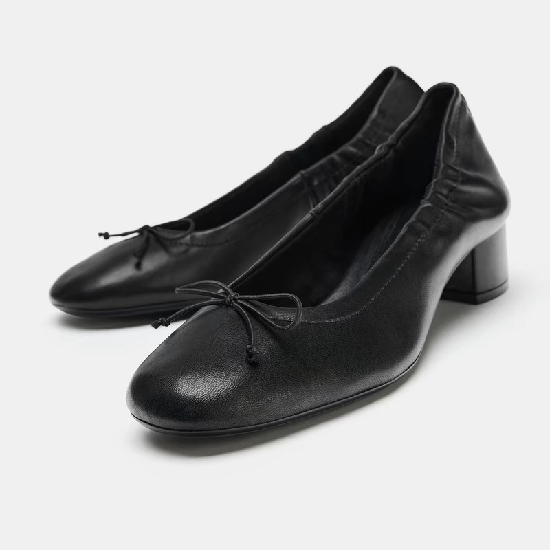 Za Women's Shoe Factory 2026 Early Autumn Black Round-Toe Bow Low-Heel Shallow Ballet Flats Granny Shoes for Women