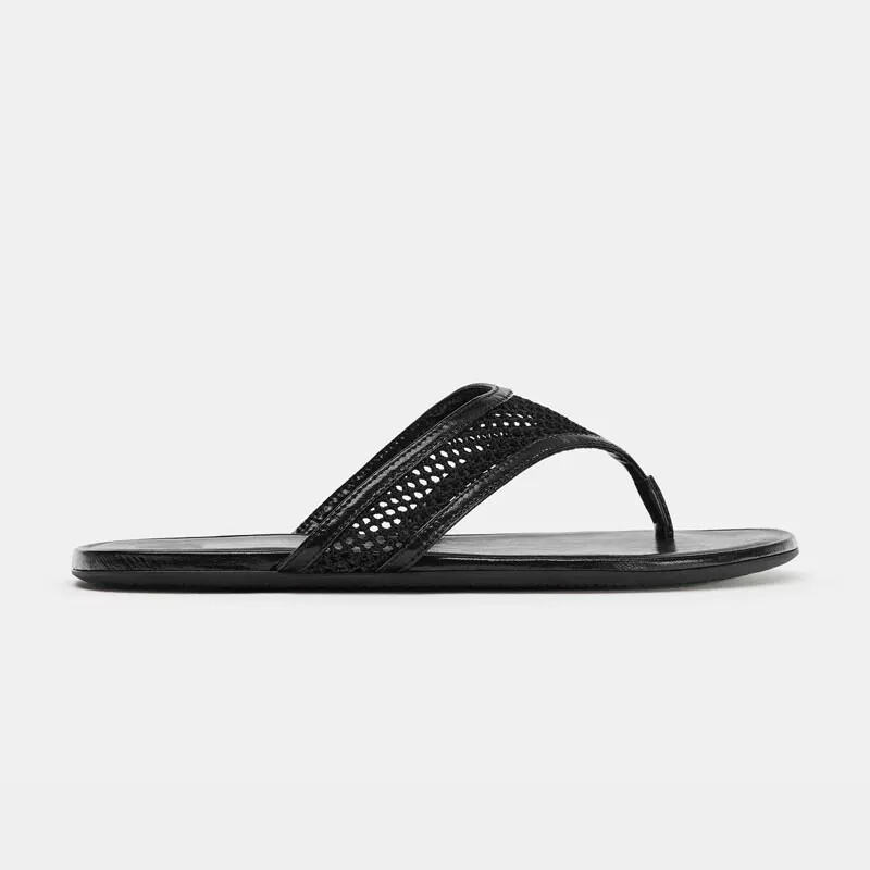 Za2026 New Summer Style Mesh Flat Flip-Flops Vacation Beach Sandals Leather Mesh Versatile Slippers