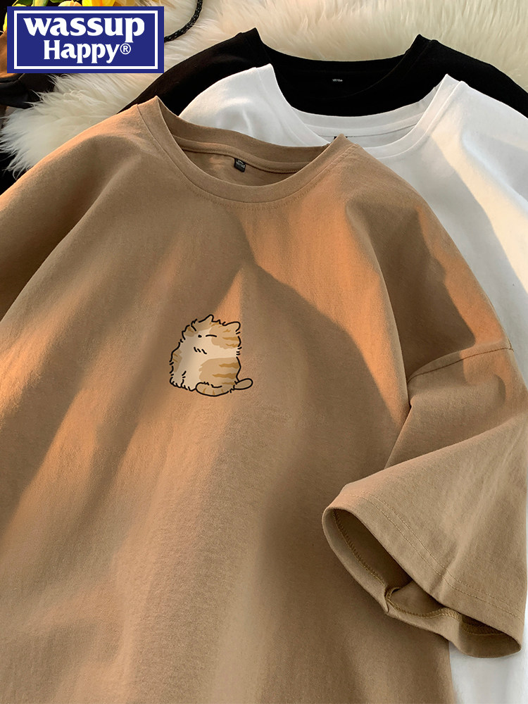 Wassup Happy Youth Short sleeved T-shirt 2025 Summer Men's New Loose Japanese Round Neck Casual Half Sleeve